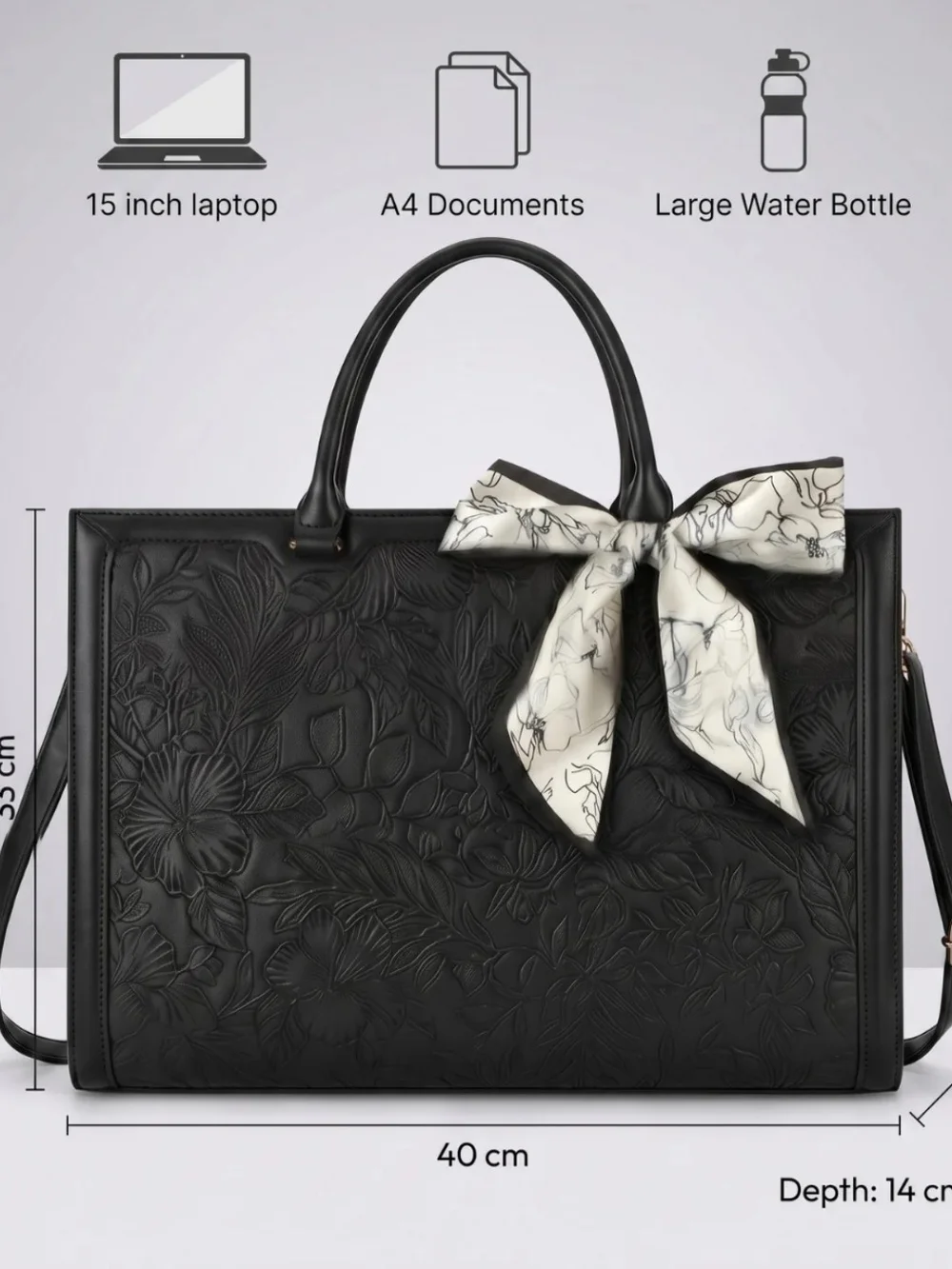 Nubily Vegan Leather Black Floral Embossed 15.6 Inch Laptop Tote